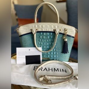 Brahmin Duxbury Satchel in turquoise and pearl.